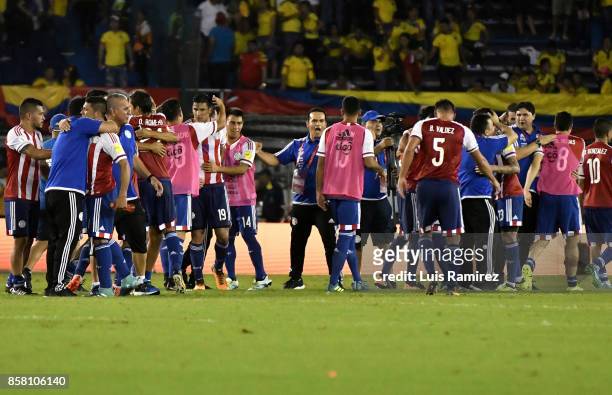Players of Paraguay celebrate after winning a match between Colombia and Paraguay as part of FIFA 2018 World Cup Qualifiers at Metropolitano Roberto...