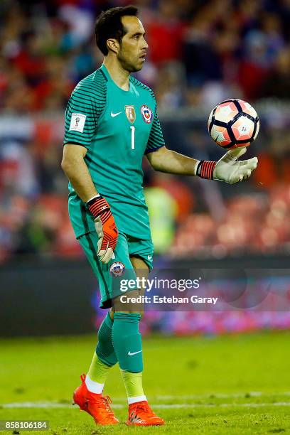 Claudio Bravo goalkeeper of Chile holds the ball during a match between Chile and Ecuador as part of FIFA 2018 World Cup Qualifiers at Monumental...