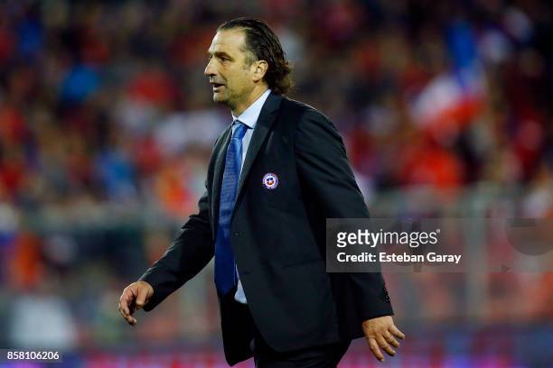 Juan Antonio Pizzi coach of Chile gestures during a match between Chile and Ecuador as part of FIFA 2018 World Cup Qualifier at Monumental Stadium on...