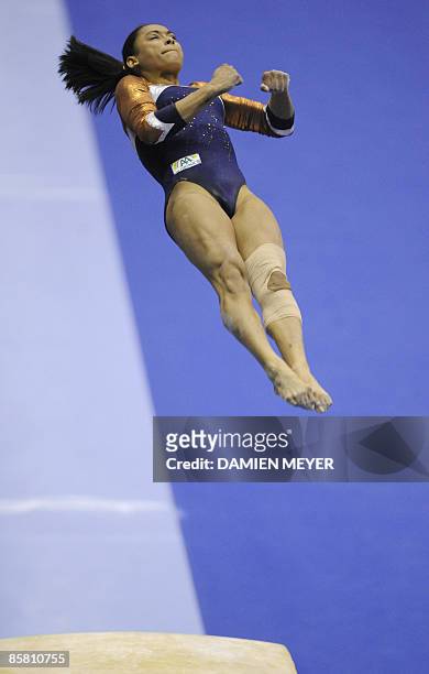 Belgium's Aagje Van Walleghem performs on vault to take the fourth place during the Apparatus final of the Third European Women's Artistic...