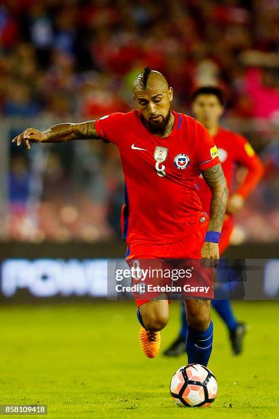 Arturo Vidal of Chile drives the ball during a match between Chile and Ecuador as part of FIFA 2018 World Cup Qualifiers at Monumental Stadium on...