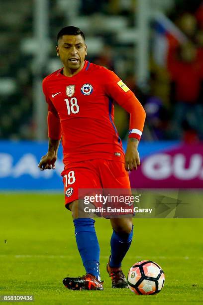 Gonzalo Jara of Chile drives the ball during a match between Chile and Ecuador as part of FIFA 2018 World Cup Qualifiers at Monumental Stadium on...