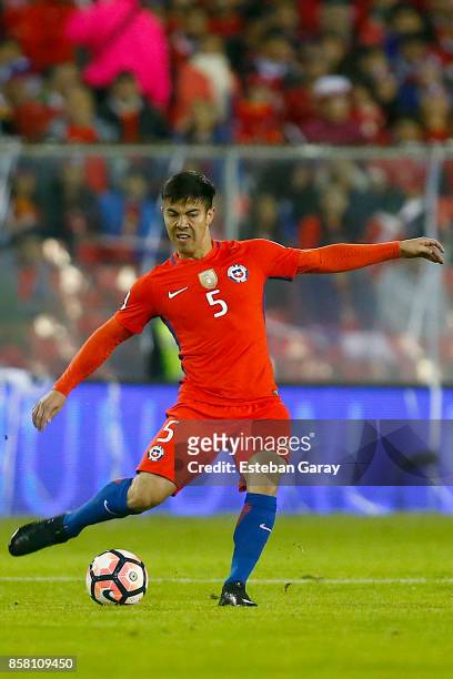 Francisco Silva of Chile drives the ball during a match between Chile and Ecuador as part of FIFA 2018 World Cup Qualifiers at Monumental Stadium on...