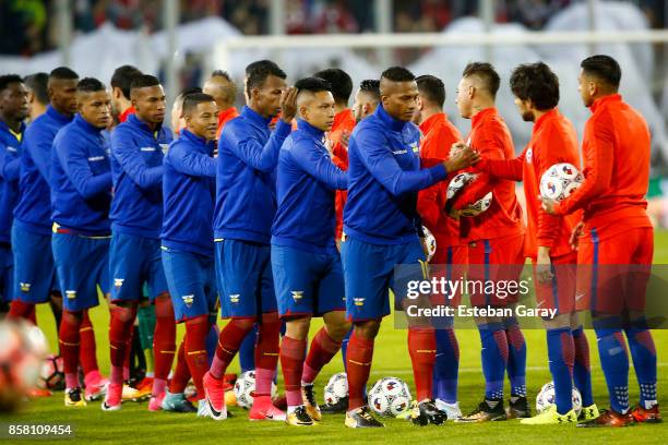 Players of Ecuador and Chile shake hands prior a match between Chile and Ecuador as part of FIFA 2018 World Cup Qualifiers at Monumental Stadium on...