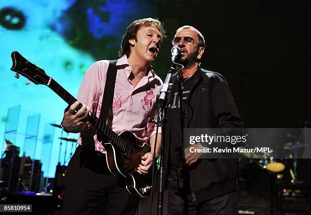 Paul McCartney and Ringo Starr perform during rehearsals for the David Lynch Foundation "Change Begins Within" concert held at the Radio City Music...