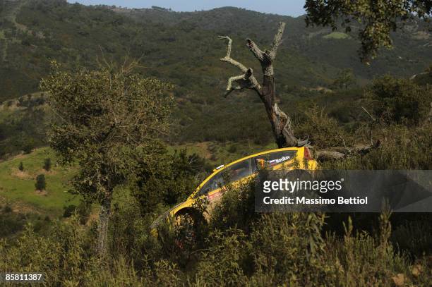 Evgeny Novikov of Russia and Dale Moscatt of Australia after they crashed their Citroen C4 during Leg 3 of the WRC Vodafone Rally Portugal on April...