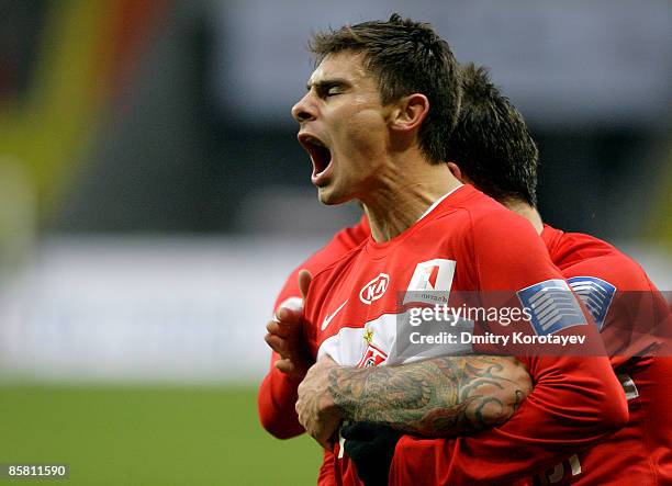 Alex and Martin Jiranek of Spartak Moscow celebrate after scoring a goal during the Russian Football League Championship match between Spartak Moscow...