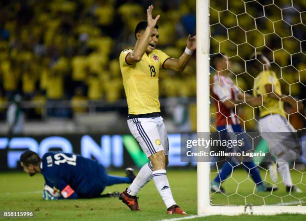 Teofilo Gutierrez of Colombia reacts during a match between Colombia and Paraguay as part of FIFA 2018 World Cup Qualifiers at Metropolitano Roberto...