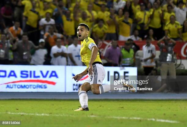 Radamel Falcao, of Colombia, celebrates after scoring the opening goal during a match between Colombia and Paraguay as part of FIFA 2018 World Cup...