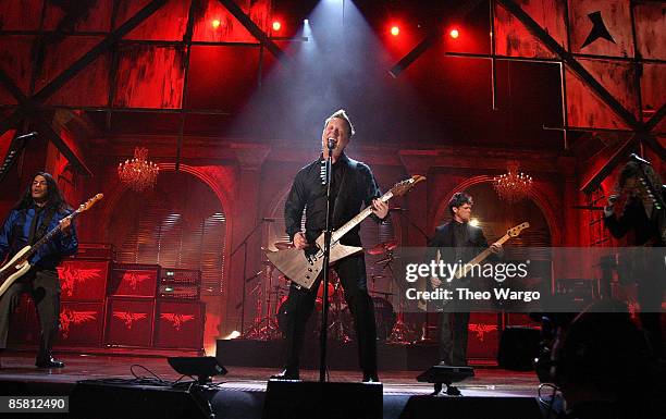 Robert Trujillo, James Hetfield, Jason Newsted and Kirk Hammett of Metallica perform onstage at the 24th Annual Rock and Roll Hall of Fame Induction...