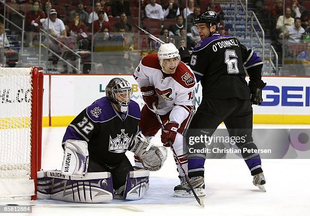 Matthew Lombardi of the Phoenix Coyotes attempts to screen goaltender Jonathan Quick of the Los Angeles Kings during the NHL game at Jobing.com Arena...