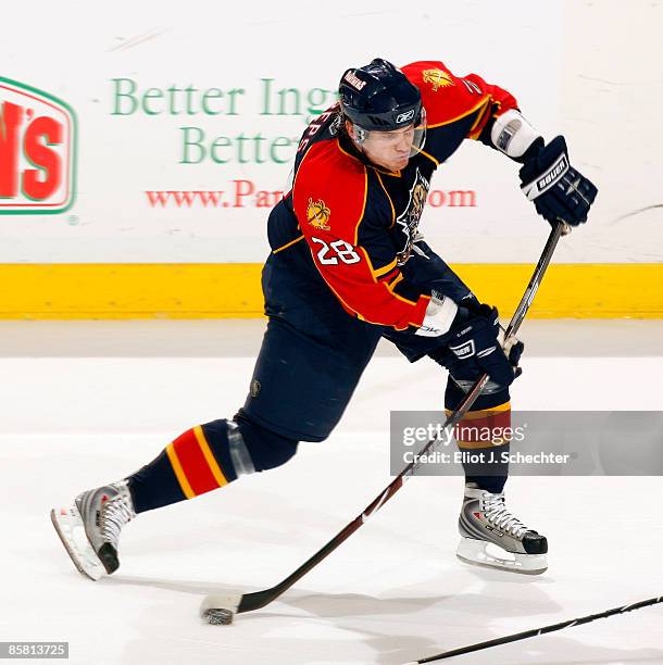 Kamil Kreps of the Florida Panthers shoots the puck against the Pittsburgh Penguins at the Bank Atlantic Center on April 5, 2009 in Sunrise, Florida.