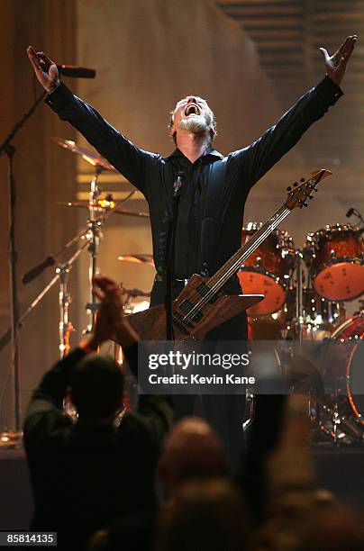 James Hetfield of Metallica onstage at the 24th Annual Rock and Roll Hall of Fame Induction Ceremony at Public Hall on April 4, 2009 in Cleveland,...