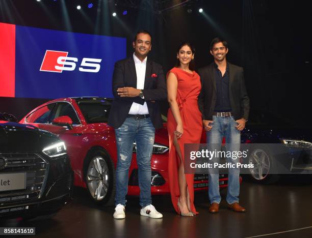 To R Mr. Rahil Ansari , Bollywood actress Ileana D'Cruz and Mr. Aditya Patel present at the launch of new Audi A5 series in India at hotel Sofitel,...