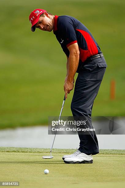 Padraig Harrington of Ireland makes a putt for par on the 3rd hole during the final round of the Shell Houston Open on April 5, 2009 at Redstone Golf...