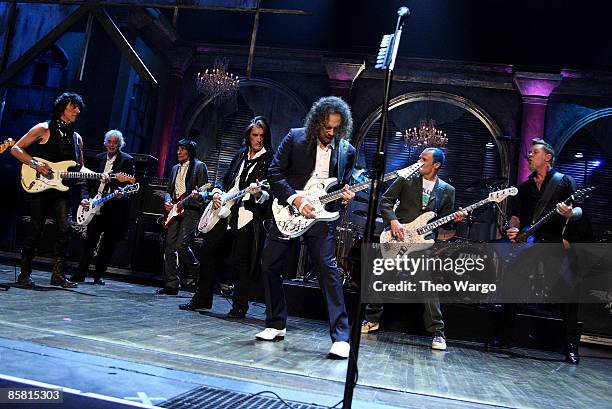Jeff Beck, Jimmy Page, Ron Wood, Joe Perry, Kirk Hammett, Flea and James Hetfield perform onstage during the finale at the 24th Annual Rock and Roll...