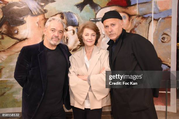 Designer Stephane Plassier, Charlotte Rampling and cartoonist/director Enki Bilal attend "Tapestry Catry" by Enki Bilal Press Preview on October 5,...