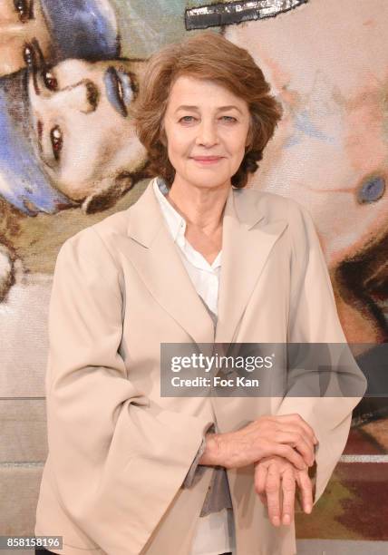 Charlotte Rampling attends "Tapestry Catry" by Enki Bilal Press Preview on October 5, 2017 in Paris, France.