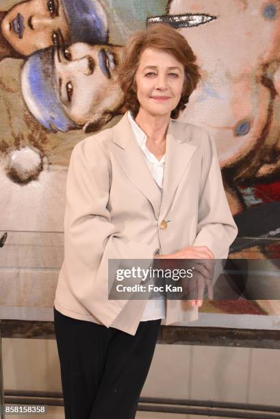 Charlotte Rampling attends "Tapestry Catry" by Enki Bilal Press Preview on October 5, 2017 in Paris, France.