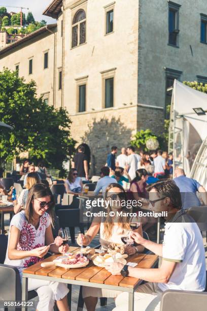 friends eating out in an outdoor restaurant, italy. - bergamo stock photos et images de collection