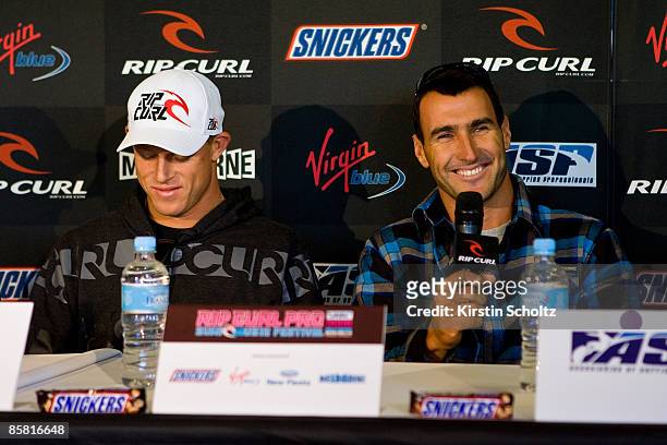 World Number 1 Joel Parkinson of Australia talks to the press beside friend and current ASP World No. 3 Mick Fanning of Australia during a press...