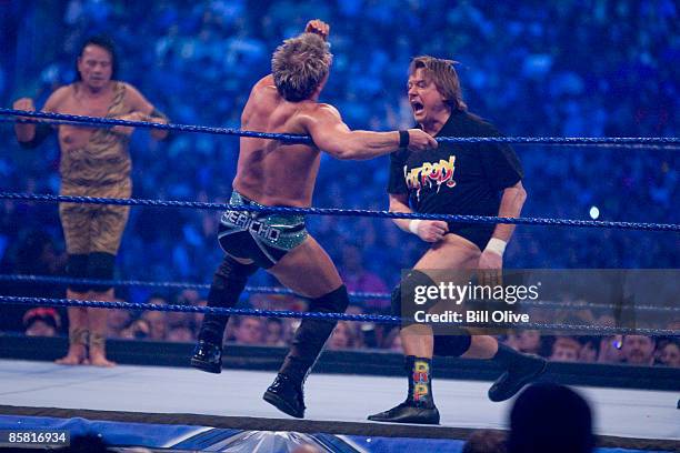 Jimmy "Superfly" Snuka looks on as WWE Superstar Chris Jericho battles "Rowdy" Roddy Piper during WrestleMania 25 at Reliant Stadium on April 5, 2009...