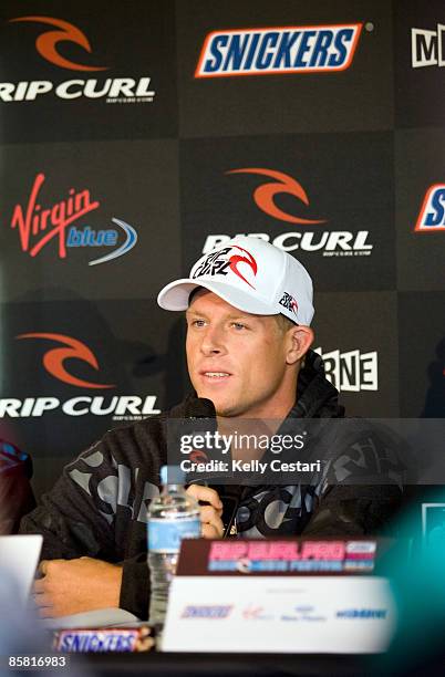 Mick Fanning of Australia answers questions during the opening press conference of the Rip Curl Pro presented by Snickers on Apri8l 6, 2009 at Bells...