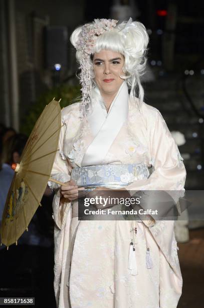 Model walks the Po de Arroz runway show at New York Fashion Week Bridal October 2017 at Hendrick's Tavern on October 5, 2017 in Roslyn, New York.