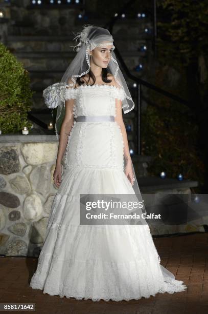 Marie Calfat Nascimento walks the Po de Arroz runway show at New York Fashion Week Bridal October 2017 at Hendrick's Tavern on October 5, 2017 in...