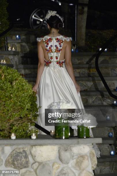 Model walks the Po de Arroz runway show at New York Fashion Week Bridal October 2017 at Hendrick's Tavern on October 5, 2017 in Roslyn, New York.