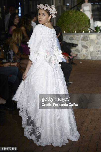 Emilia Pedersen walks the Po de Arroz runway show at New York Fashion Week Bridal October 2017 at Hendrick's Tavern on October 5, 2017 in Roslyn, New...