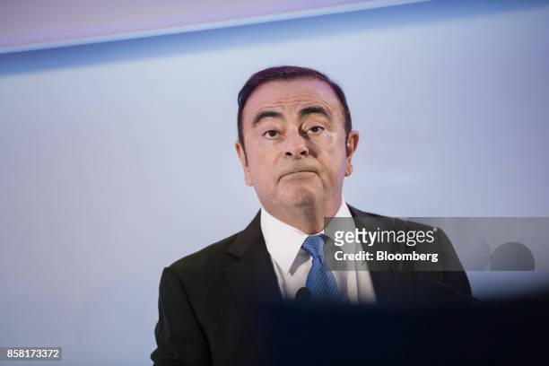 Carlos Ghosn, chairman of Renault SA, pauses during a news conference to announce the automaker's strategic plan in Paris, France, on Friday, Oct. 6,...