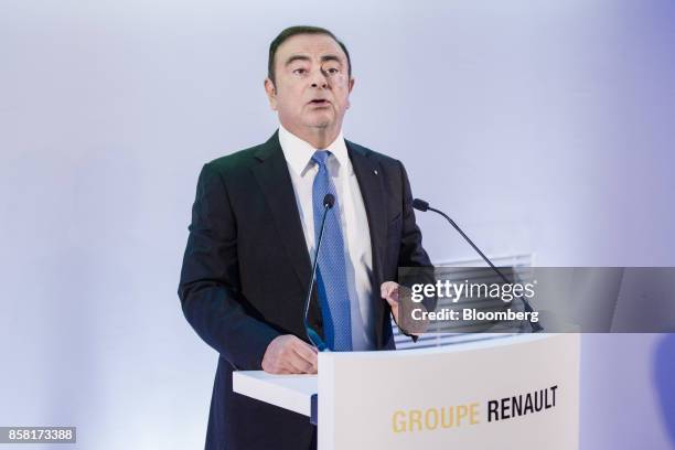 Carlos Ghosn, chairman of Renault SA, speaks during a news conference to announce the automaker's strategic plan in Paris, France, on Friday, Oct. 6,...