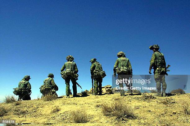 Soldiers from Princess Patricia's Canadian Light Infantry battalion look down the hill during a combat mission March 15, 2002 in the rugged...