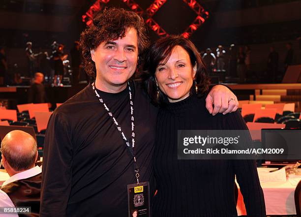 President Big Machine Records Scott Borchetta and President of Dick Clark Productions Orly Adelson pose backstage during the 44th annual Academy Of...