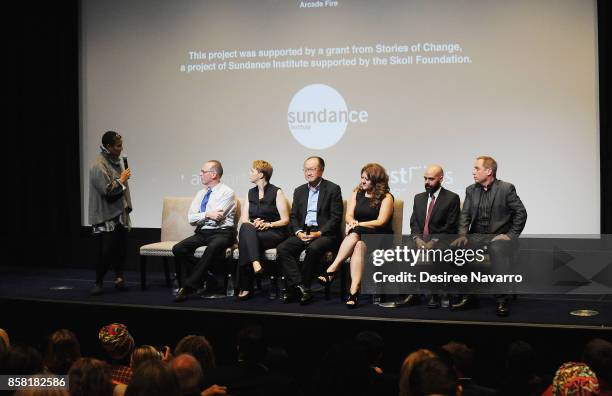 Moderator Tabitha Jackson, Dr. Paul Farmer, Ophelia Dahl, Dr. Jim Yong Kim, Cori Shepherd Stern, Pedro Kos and Kief Davidson attend 'Bending The Arc'...