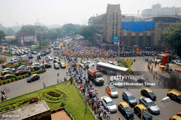 Traffic jam due to MNS protest rally from Metro Cinema to Churchgate for better Railway services, on October 5, 2017 in Mumbai, India. Raj Thackeray...