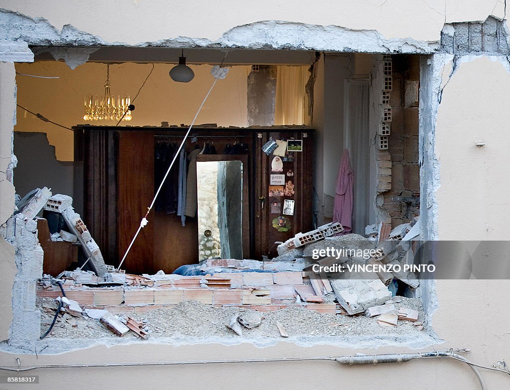 A closeup of a wrecked building on April 6, 2009 in the center of the ...