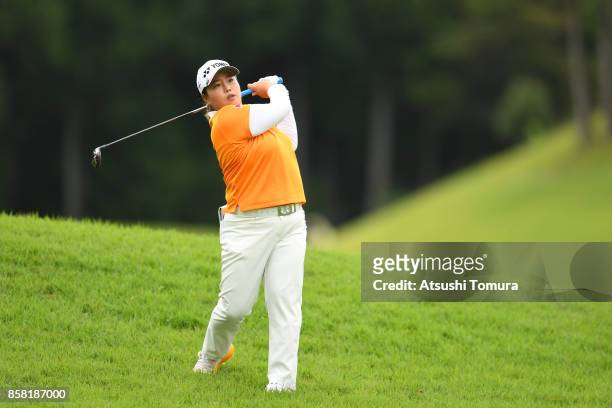 Sun-Ju Ahn of South Korea hits her second shot on the 8th hole during the first round of Stanley Ladies Golf Tournament at the Tomei Country Club on...