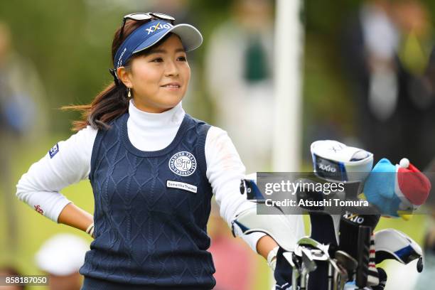 Serena Aoki of Japan smiles during the first round of Stanley Ladies Golf Tournament at the Tomei Country Club on October 6, 2017 in Susono,...