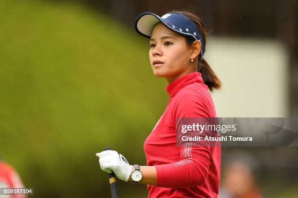 Ayame Morii of Japan looks on during the first round of Stanley Ladies Golf Tournament at the Tomei Country Club on October 6, 2017 in Susono,...