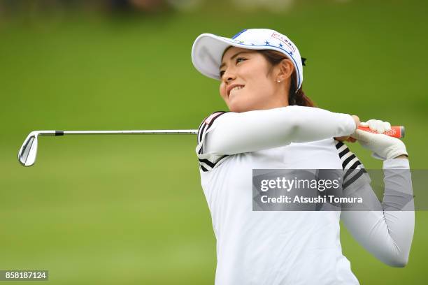 Ayaka Watanabe of Japan hits her second shot on the 8th hole during the first round of Stanley Ladies Golf Tournament at the Tomei Country Club on...