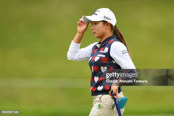 Hikaru Yoshimoto of Japan reacts during the first round of Stanley Ladies Golf Tournament at the Tomei Country Club on October 6, 2017 in Susono,...