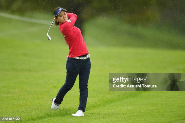 Ayame Morii of Japan hits her second shot on the 9th hole during the first round of Stanley Ladies Golf Tournament at the Tomei Country Club on...
