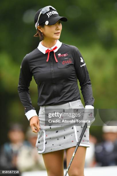 Ha-Neul Kim of South Korea smiles during the first round of Stanley Ladies Golf Tournament at the Tomei Country Club on October 6, 2017 in Susono,...