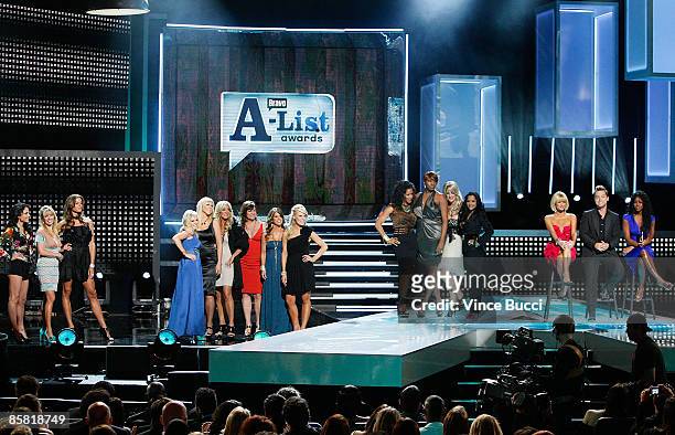 Reality show personalities from the Real Wives of Orange County, New York City and Atlanta pose on-stage during Bravo Network's 2nd Annual A-List...