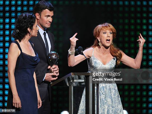 Presenters Jenni Pulos and Jeff Lewis and host Kathy Griffin on-stage during Bravo Network's 2nd Annual A-List Awards at the Orpheum Theatre on April...