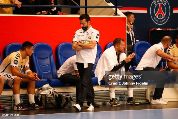 Joel Da Silva head coach of Saint Raphael looks dejected during the Lidl Starligue match between Paris Saint Germain and Saint Raphael on October 5,...