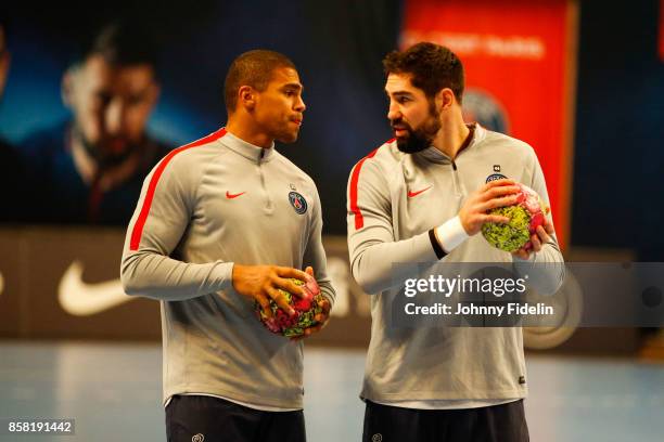 Daniel Narcisse and Luka Karabatic of PSG during the Lidl Starligue match between Paris Saint Germain and Saint Raphael on October 5, 2017 in Paris,...