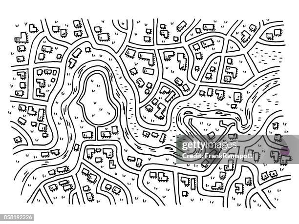 generische stadtplan mit fluss-zeichnung - draufsicht weg stock-grafiken, -clipart, -cartoons und -symbole